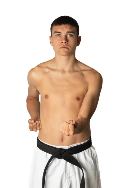 Een Shirless Jaar Oud Oefenen Van Een Karate Korte Stoot — Stockfoto