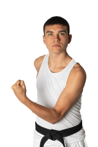 Letnia Nastolatek Chłopiec Practacing Karate Poza Ciało Blok — Zdjęcie stockowe
