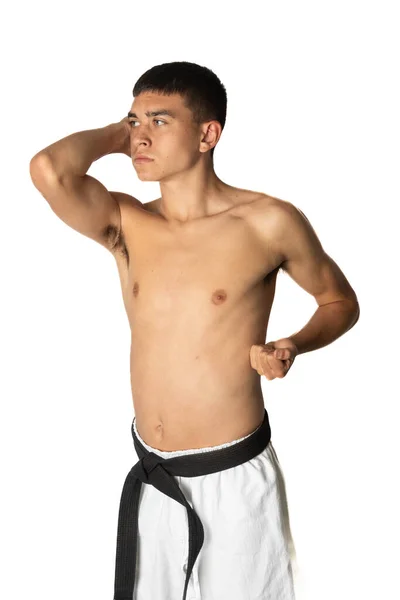 Shirtless Year Old Practacing Karate Elbow Strike — Stock Photo, Image