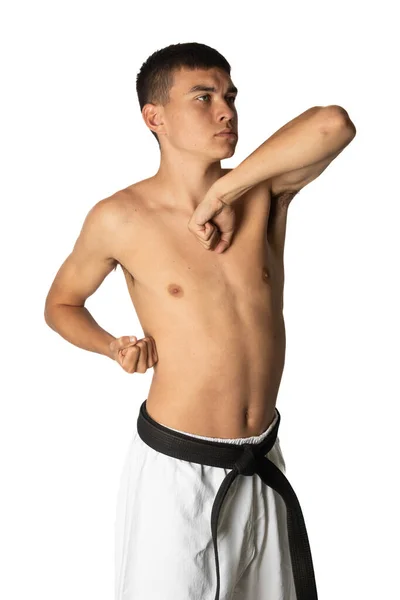 Shirtless Anos Idade Praticando Uma Greve Cotovelo Karatê — Fotografia de Stock