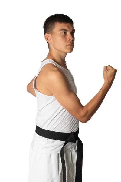 Anno Vecchio Adolescente Ragazzo Pratica Karate Fuori Corpo Blocco — Foto Stock