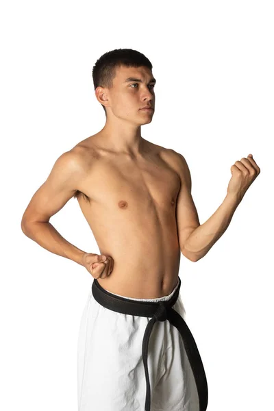 Shirtless Year Old Practacing Karate Body Block — Stock Photo, Image
