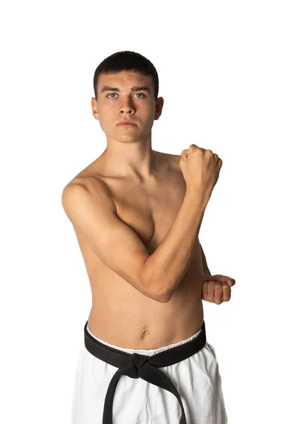 Niño Sin Camisa Años Que Practica Bloque Corporal Karate — Foto de Stock
