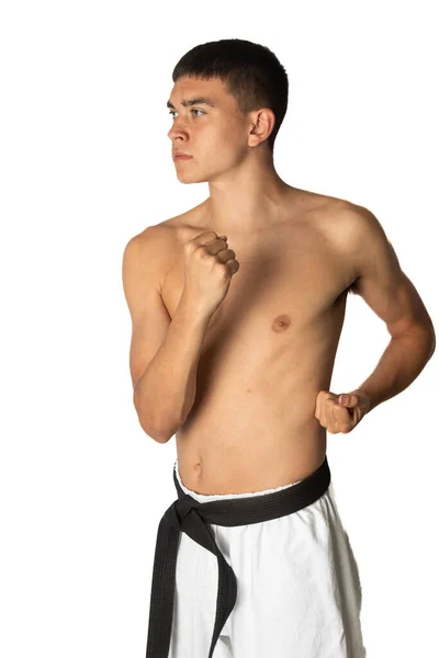 Bezkoszulka Letnia Practacing Blok Ciała Karate — Zdjęcie stockowe