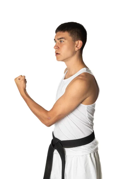 Gammal Tonåring Pojke Tränar Karate Utanför Body Block — Stockfoto