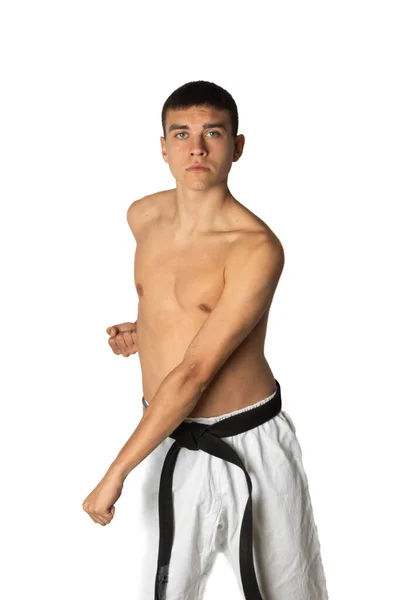 Shirtless Year Old Practacing Karate Groin Block — Stock Photo, Image