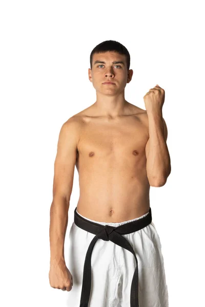 Egy Félmeztelen Éves Gyakorló Karate Dupla Blokk — Stock Fotó