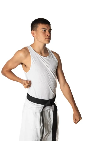 Éves Tinédzser Fiú Gyakorolja Karate Lefelé Blokk — Stock Fotó
