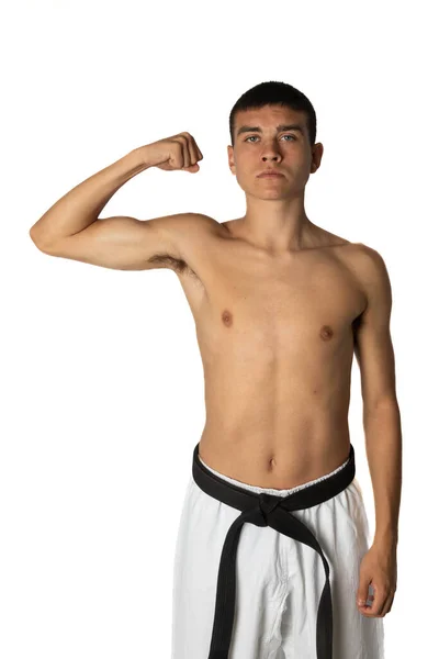 Een Shirless Jaar Oude Karate Zwarte Gordel Flexen Zijn Spieren — Stockfoto