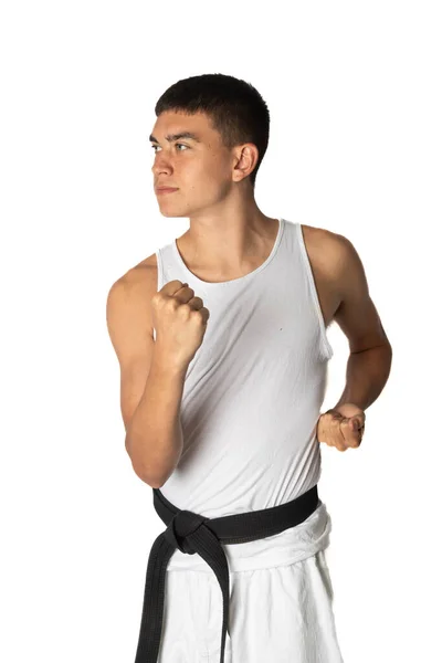 Éves Tinédzser Fiú Gyakorló Karate Külső Test Blokk — Stock Fotó