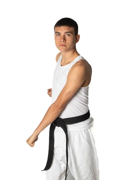 Gammal Tonåring Pojke Utövar Karate Låg Nivå Groin Block — Stockfoto