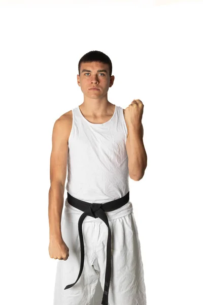 Éves Tinédzser Fiú Karate Dupla Blokkot Gyakorol — Stock Fotó