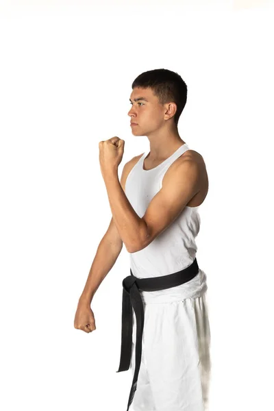 Éves Tinédzser Fiú Karate Dupla Blokkot Gyakorol — Stock Fotó