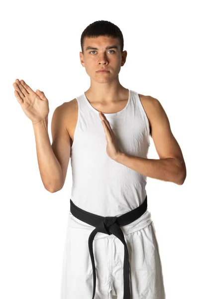 Rok Starý Dospívající Chlapec Cvičit Karate Otevřené Ruce Blok — Stock fotografie