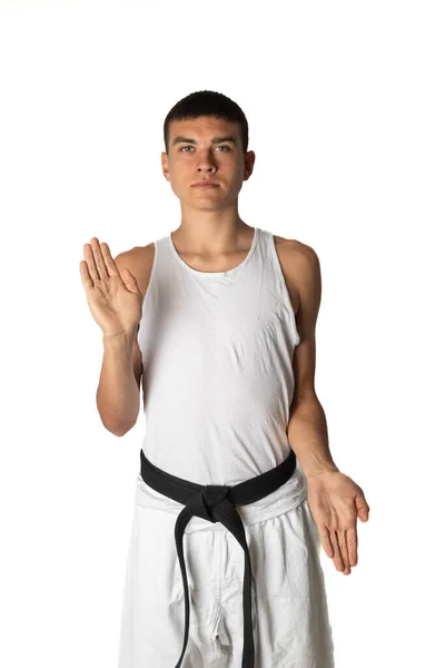 Gammal Tonåring Pojke Tränar Karate Dubbel Öppen Hand Block — Stockfoto