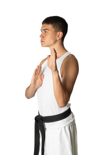 Éves Tinédzser Fiú Gyakorló Karate Nyitott Kéz Blokk — Stock Fotó