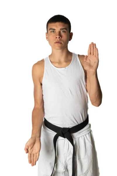 Rok Starý Dospívající Chlapec Cvičit Karate Double Otevřenou Ruku Blok — Stock fotografie