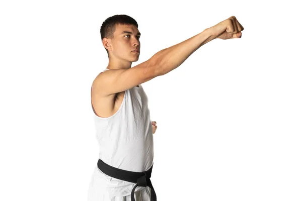 Year Old Practacing Karate Head Punch — Stock Photo, Image