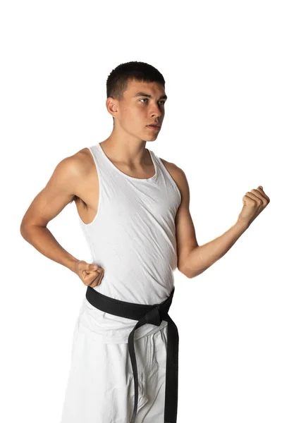 Jaar Oud Tiener Jongen Het Beoefenen Van Een Karate Binnen — Stockfoto