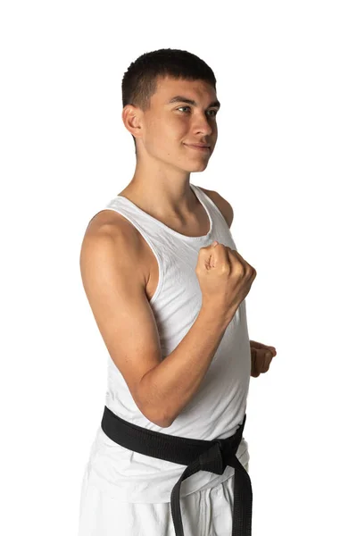 Year Old Teenage Boy Practacing Karate Body Block — Stock Photo, Image