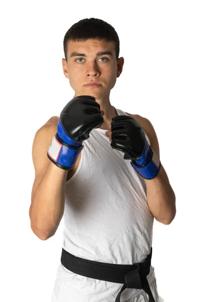 Cinturón Negro Karate Adolescente Años Posando Usando Guantes Lucha —  Fotos de Stock