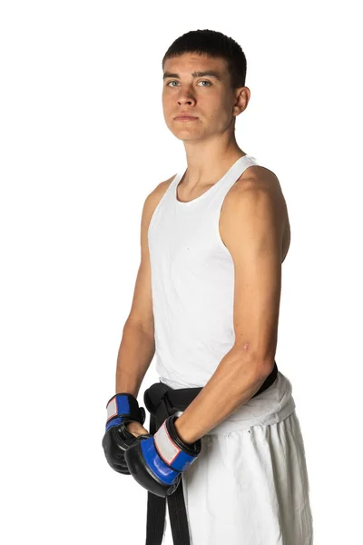 Cinturón Negro Karate Adolescente Años Posando Usando Guantes Lucha — Foto de Stock