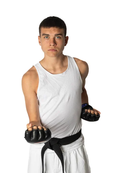 Años Edad Practacing Karate Short Punch Con Guantes Combate — Foto de Stock