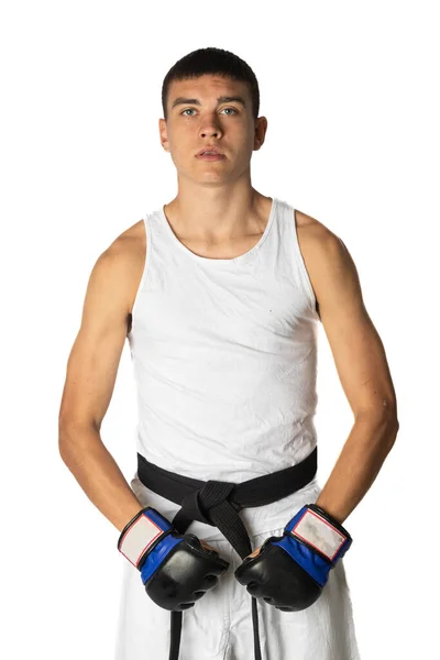 Årig Tonåring Karate Svart Bälte Poserar Bär Fightinghandskar — Stockfoto