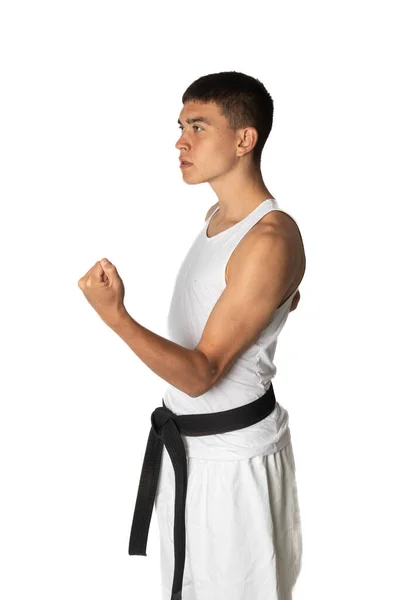 Gammal Tonåring Pojke Tränar Karate Inuti Kroppen Block — Stockfoto