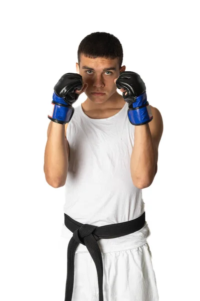 Cinturón Negro Karate Adolescente Años Posando Usando Guantes Lucha —  Fotos de Stock