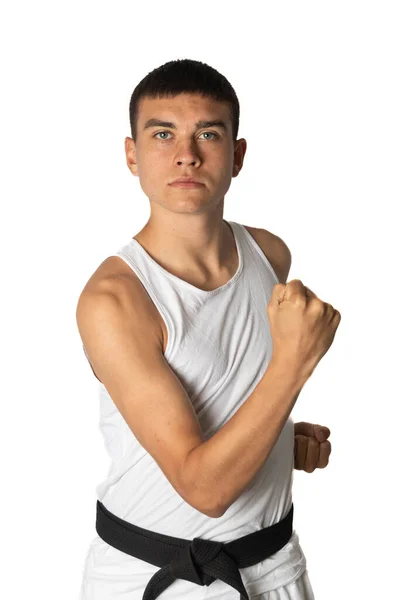 Year Old Teenage Boy Practacing Karate Body Block — Stock Photo, Image