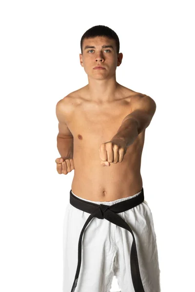 Joven Sin Camisa Años Practicando Puñetazo Estomacal Karate — Foto de Stock