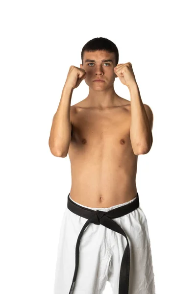 Een Shirless Jaar Oude Praktijk Van Een Karate Terug Vuist — Stockfoto