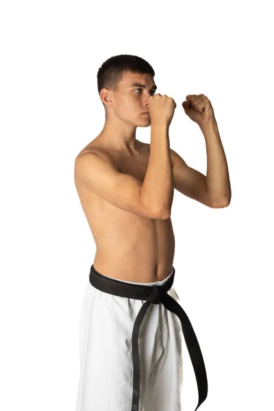Joven Sin Camisa Años Practicando Puño Trasero Karate —  Fotos de Stock
