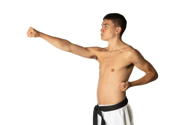 Shirtless Year Old Practacing Karate Head Punch — Stock Photo, Image