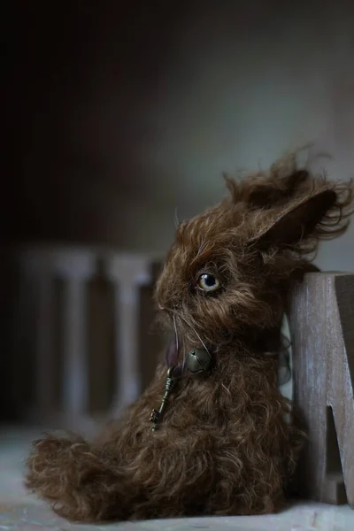 Das Foto eines handgefertigten Teddyhasen, der sich zum Druck in eine Kalenderkarte oder zum Einfügen in einen Rahmen eignet, um in der Freizeit ein ästhetisches Vergnügen zu bieten — Stockfoto