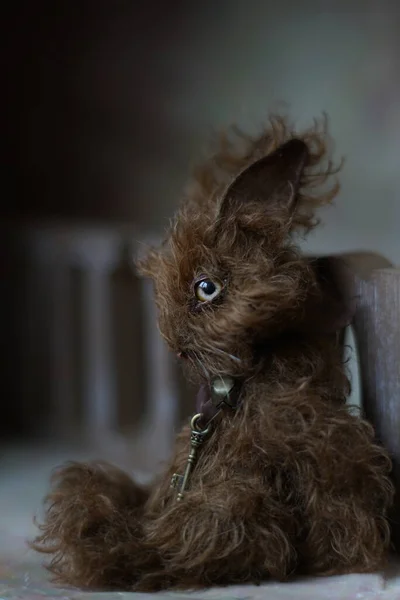 Das Foto eines handgefertigten Teddyhasen, der sich zum Druck in eine Kalenderkarte oder zum Einfügen in einen Rahmen eignet, um in der Freizeit ein ästhetisches Vergnügen zu bieten — Stockfoto