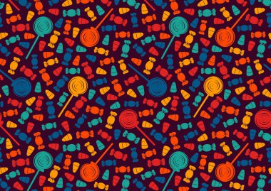 Şekerli parlak desen. Cadılar bayramı geçmişi. Şaka mı şeker mi duvar kağıdı mı? Tekrarlanan şeker siluetleri izi. Çocuk albümü dijital kağıt, tekstil baskısı, sayfa doldurma. Vektör illüstrasyonu