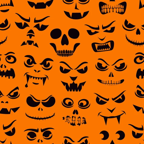 Patrón Divertido Monstruos Sin Costura Calabazas Halloween Talladas Siluetas Caras — Vector de stock