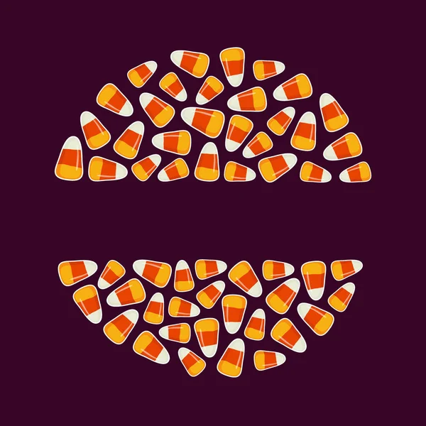 Half Circles Shape Made Small Candy Corns Dark Background Halloween — Stock Vector