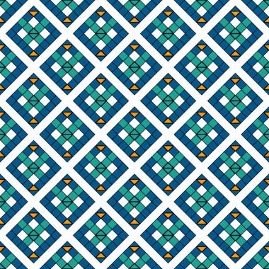 Lekeli cam mozaik pürüzsüz desen. Etnik baskı. Seramik fayans döşeme süsü. Tekrarlanan elmaslar, kareler simetrik arkaplan. Doğulu süs duvar kâğıdı. Vektör soyut dijital kağıt