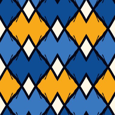 Boya fırçası, baklava deseni, kusursuz desen. Freehand ikat tasarımı klasik geometrik süs. Elmas motifli coğrafi arka plan. Moda el yazısı baskısı. Modern sanatsal el soyut vektör duvar kağıdı çizimi
