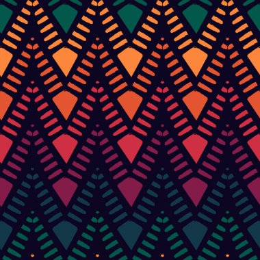 Etnik, pürüzsüz bir model. Freehand yatay zigzag sembolü çizgileri. Boho şık tasarım arka planı. Yerli, kabile tarzı duvar kağıdı. Fırça darbeleri, el çizimi geometrik süsler. Vektör soyut