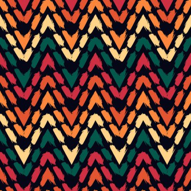 Etnik, pürüzsüz bir model. Freehand yatay zigzag sembolü çizgileri. Boho şık tasarım arka planı. Yerli, kabile tarzı duvar kağıdı. Fırça darbeleri, el çizimi geometrik süsler. Vektör soyut