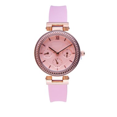 Wrist watch is pink color on white background.
