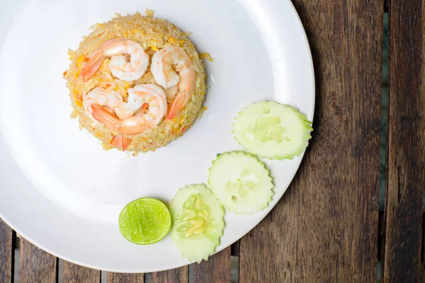 Fried Rice Shrimp Wooden Table — Foto de Stock