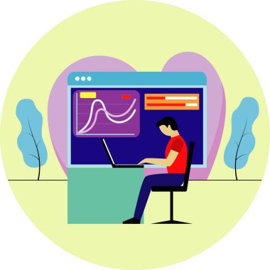 Genç bir adam dizüstü bilgisayarın önünde oturur ve analitik sorunları çözer. Web sitesi konsepti, iniş sayfası tasarım şablonu. Web sitesi ve uygulama için vektör illüstrasyonu.