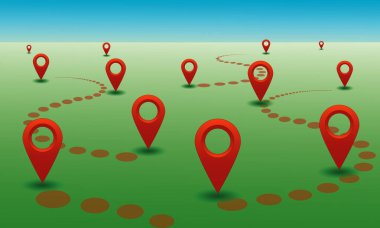 Kırmızı soyut harita imleç simgeleri, gerçekçi refleks ve tasarım kavramları, afişler, uygulamalar, baskılar için yeşil arkaplan. Vektör illüstrasyonu.