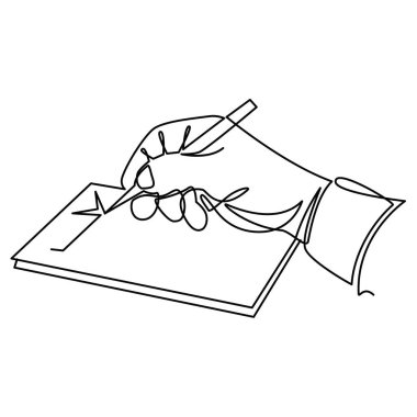 Kalemle bir el kağıt parçasına notlar alır. Devamlı kontur çizimi.