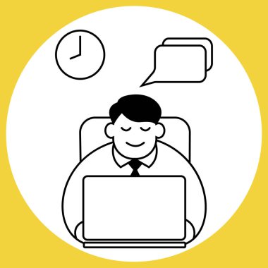 Genç bir iş adamı dizüstü bilgisayarın önünde oturur ve ilginç mesajlar alır. Vektör illüstrasyonu.